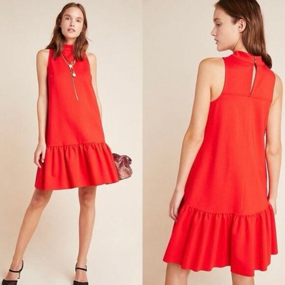 Anthropologie Maeve Alissa Swing Dress Red Drop Waist Mock Neck Flounce Sz S - Picture 1 of 16